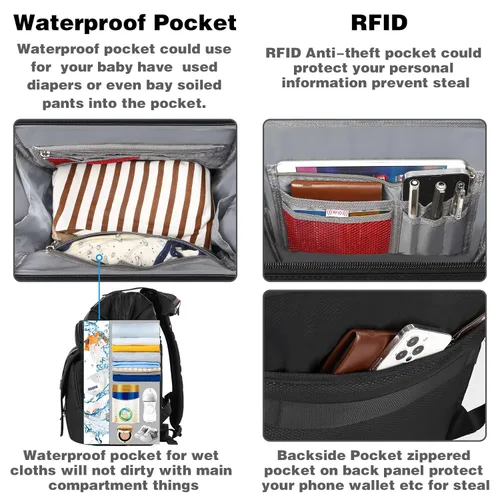 Vista 5 de Jiefeike Mochila para pañales para bebés, niños y niñas, bolsas de pañales portátiles para bebé, mochila para papá y mamá, bolsa de pañales
