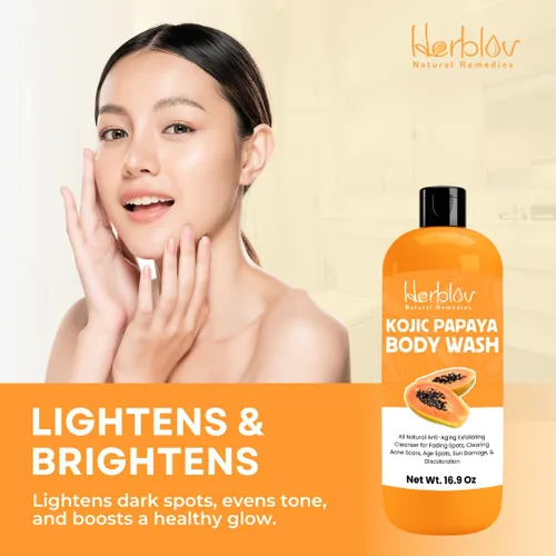 Vista 2 de Herblov Jabón de ácido kójico para hiperpigmentación – Gel de baño de papaya kójica iluminador de la piel – Jabón de manchas oscuras reduce el acné