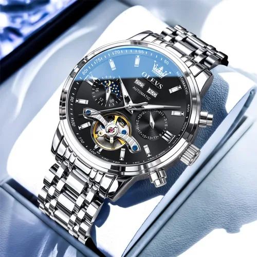 Vista 6 de OLEVS Automatic Watches for Men Luxury Skeleton Multi-Function Mechanical Watch Self Winding Date Waterproof Luminous Mens Watch