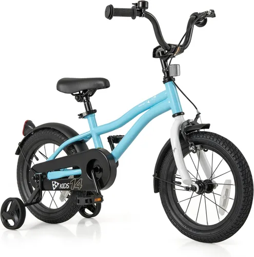 Vista 15 de BABY JOY Bicicleta deportiva de 12, 14, 16, 18 pulgadas, con ruedas de entrenamiento, asiento ajustable, freno de mano y freno de posavasos