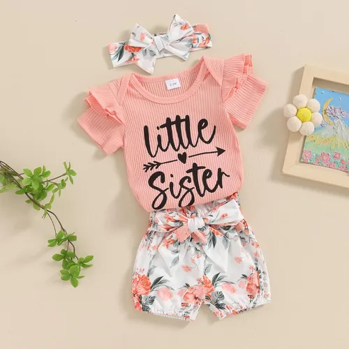 Vista 2 de Traje de tía para bebé recién nacida, camiseta de manga corta acanalada, pantalones cortos florales con diadema