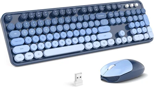 Vista 10 de MOFII Combo de teclado y mouse inalámbricos, teclado retro con teclas redondas de colores, conexión USB Plug Play de 2.4 GHz para PC, laptop