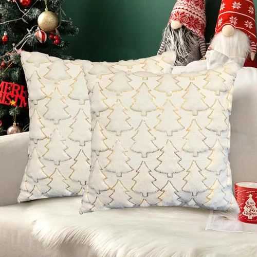 Vista 12 de Juego de 2 fundas de almohada de Navidad de 18 x 18 pulgadas, fundas de almohada beige con patrón de árbol de Navidad, fundas de cojín de piel