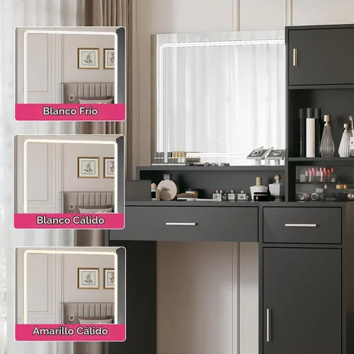 Vista 3 de MIRROTOWEL Escritorio de tocador con espejo de luz LED, tocador con cajón grande y almacenamiento de 3 niveles, brillo ajustable, 3 modos