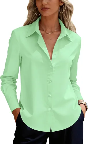 Vista 31 de siliteelon Camisas de vestir con botones para mujer, camisas de vestir de manga larga para mujer, camisas de trabajo de algodón de ajuste regular