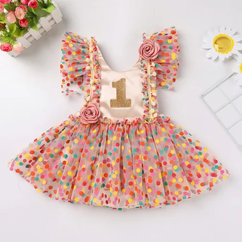 Vista 2 de Vestido de princesa para el primer cumpleaños de niña pequeña, vestido vintage de margaritas florales para tartas y sesión de fotos