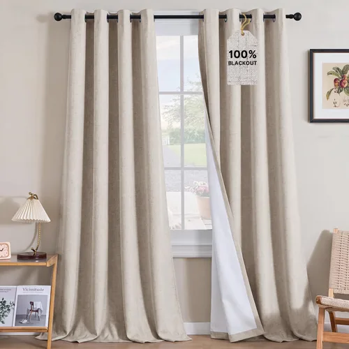 Vista 122 de H.VERSAILTEX Cortinas 100% opacas con aislamiento térmico, texturizadas, de lino, con bloqueo completo de calor y luz, para sala de estar y Negro