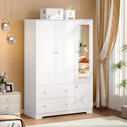 Vista 11 de VINGLI Armario Ropero Estriado con Puertas y Cajones, Gabinete Armario Blanco con Barra para Colgar, Armario de Madera para Dormitorio, Armario