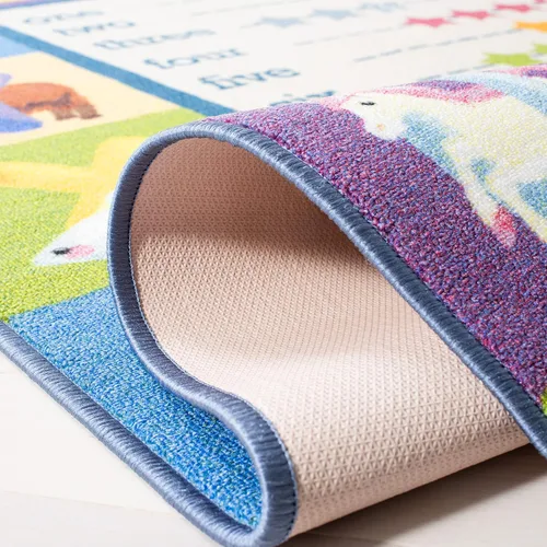Vista 4 de SAFAVIEH Alfombra lavable para niños, colección de casas de juegos, 3 pies 3 pulgadas x 5 pies 3 pulgadas, beige y azul, antideslizante y fácil