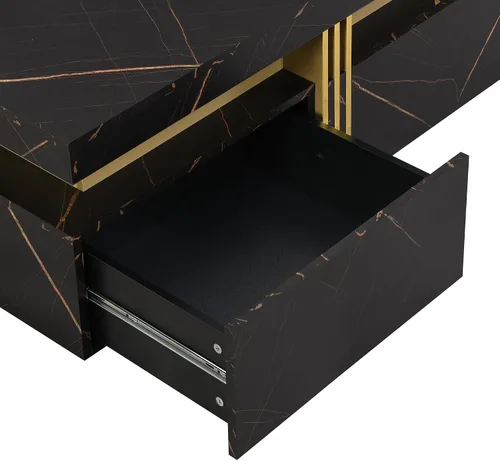 Vista 8 de SSLine Moderna mesa de centro cuadrada de color negro y dorado, mesa de centro de cóctel de mármol sintético de lujo con 4 cajones de Mármol negro