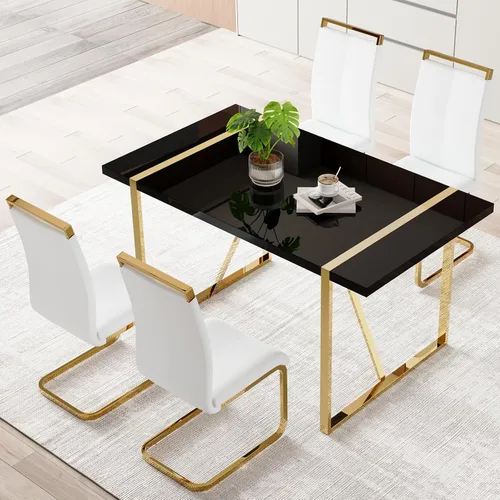 Vista 14 de Mesa de comedor Ebullient para 4, mesa de comedor rectangular negra de MDF, tapa de mesa de cena de mármol falso, mesa de comedor moderna con marco