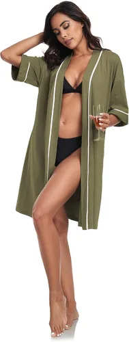 Vista 9 de COLORFULLEAF Bata de baño de manga corta para mujer, 100% algodón, longitud hasta la rodilla, con bolsillos