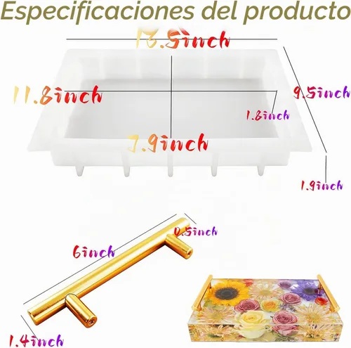Vista 3 de Moldes de bandeja de silicona grandes para resina, 13.5 x 9.5 pulgadas de profundidad rectangular epoxi moldes con 4 asas doradas y plateadas, molde