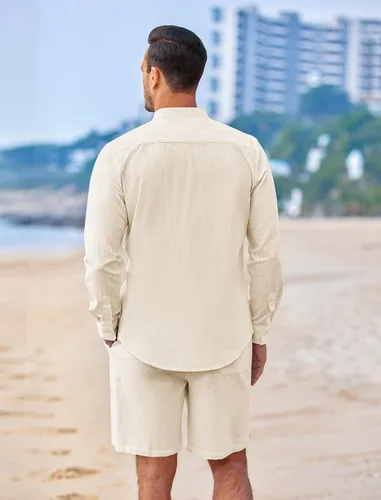 Vista 3 de COOFANDY Conjuntos de lino para hombre, 2 piezas, camisa de manga larga y pantalones cortos casuales con cordón en la cintura, trajes de verano
