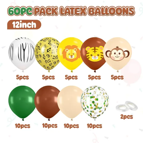 Vista 2 de Globos de animales, 60 globos de fiesta de 12 pulgadas, color verde y marrón crema, globos estampados de guepardo de animales para decoración