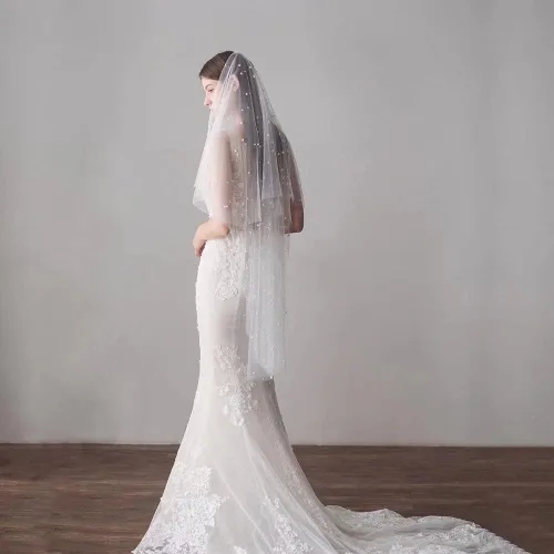 Vista 4 de V607 Luxurious Fingertip Marriage Bridal Veil Pearls Beaded Plain Tulle One-Layer Blusher White Wedding Bride Veil with Comb