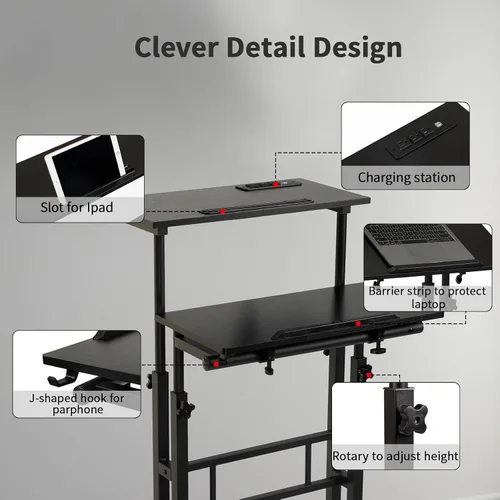 Vista 9 de Hadulcet Escritorio móvil de pie con estación de carga, escritorio ajustable para computadora de pie, carrito ajustable para laptop con ruedas