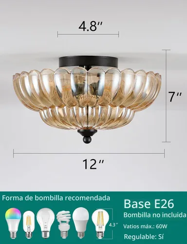 Vista 4 de Lámpara de techo semiempotrada, accesorio de lámpara de techo de vidrio ámbar, lámpara moderna negra de 3 bombillas cerca del techo, luces de techo