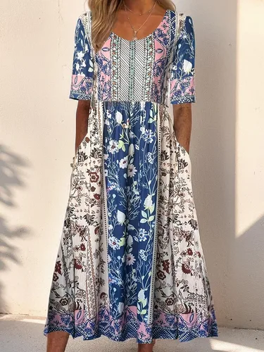 Vista 7 de Vestido largo con estampado floral para mujer, manga corta, con bolsillos, para uso casual de verano