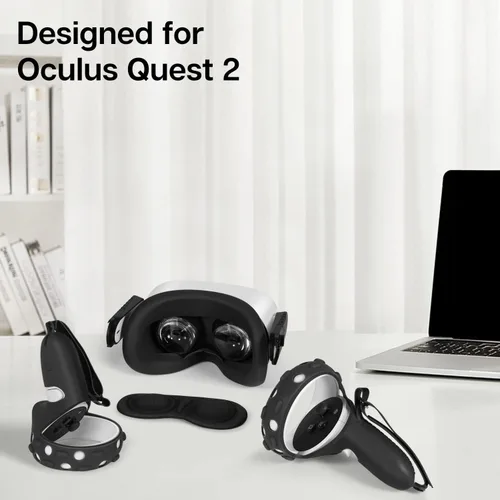 Vista 2 de TNP Silicone Cover Set for Oculus Quest 2 Meta Quest 2 Controller Protector Black 3 in 1 Silicone VR Face Cover Protective Lens Cover VR Headset