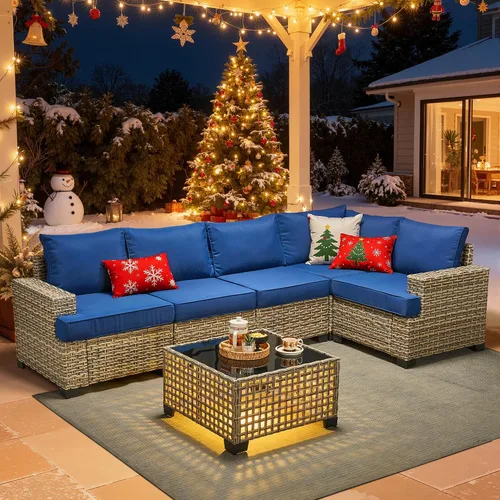Vista 65 de HOOOWOOO Juego de muebles seccionales de patio con mesa de luz solar, 6 piezas de mimbre para exteriores, sofá en forma de L, juego de conversación