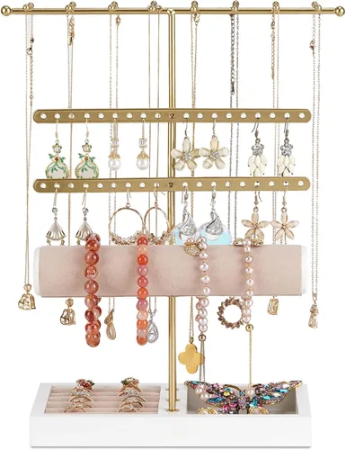 Vista 8 de JAZUIHA Organizador de joyas de 4 niveles dorado con organizador de collares, aretes, pulsera, caja de anillo, colgador para exhibición