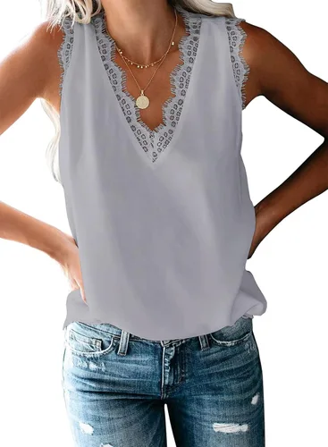 Vista 202 de VIISHOW - Camiseta sin mangas, sexy, con cuello en V y bordes de encaje para mujer, camisola de vestir, camisas de gasa, sin mangas, casuales