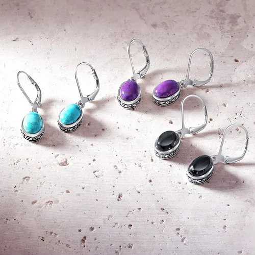 Vista 6 de Aretes colgantes de plata de ley 925 con forma ovalada de estilo occidental para mujer, con piedras preciosas de estilo occidental