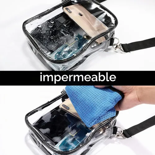 Vista 2 de Paquete de 2 bolsas cruzadas transparentes aprobadas para estadios, bolsa cruzada transparente con bolsillo frontal y correa ajustable