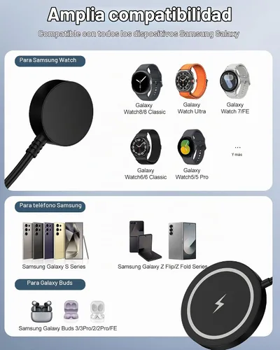 Vista 6 de Cargador inalámbrico 2 en 1 para Samsung Galaxy Watch Ultra/8/8 Classic/7/6/5/5 Pro/Fe/4/3, base de carga magnética de reloj + almohadilla de carga