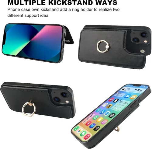 Vista 5 de ONETOP Funda tipo cartera para iPhone 13 con soporte para tarjetas, anillo de rotación de 360°, bloqueo RFID, doble cierre magnético, a prueba