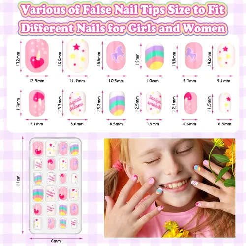Vista 5 de 144 Piezas de Uñas Postizas a Presión para Niñas, Uñas Postizas para Niñas con Kit de Pegamento, Lindas Puntas de Uñas con Adhesivo de Uñas