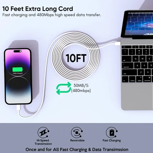 Vista 4 de Cargador rápido para iPhone de 10 pies, [certificado Apple MFi] Paquete de 2 cargadores rápidos PD Dual Apple, bloque de carga USBC, cable Lightning