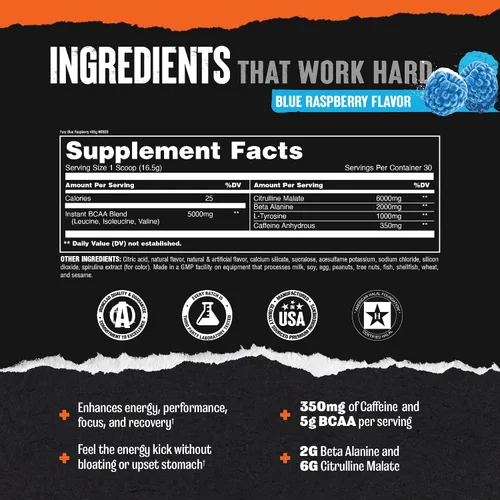 Vista 3 de Animal Fury - Suplemento en polvo antes del entrenamiento para energía y concentración, 0.18 onzas de BCAA y 350 mg de óxido nítrico de cafeína sin