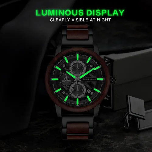 Vista 4 de IK COLOURING Relojes de madera para hombre, cronógrafo de cuarzo multifuncional y reloj de visualización de fecha para hombre, reloj de pulsera