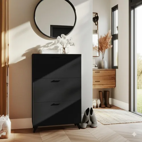 Vista 6 de Anystyle Armario de almacenamiento de zapatos negros para zapatos grandes, organizador de puertas abatibles ajustable de 3 niveles, gabinete