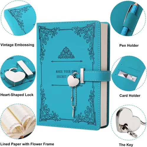 Vista 2 de Diario con candado en forma de corazón con bolígrafo, tamaño A5, cuero sintético PU suave, diario con cerradura, planificador personal, cuaderno