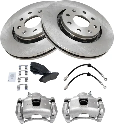 Vista 3 de TRQ Kit de pastillas de freno delantero y rotor, pinza de freno, manguera de freno, pastillas de freno, rotor de freno semimetálico, compatible