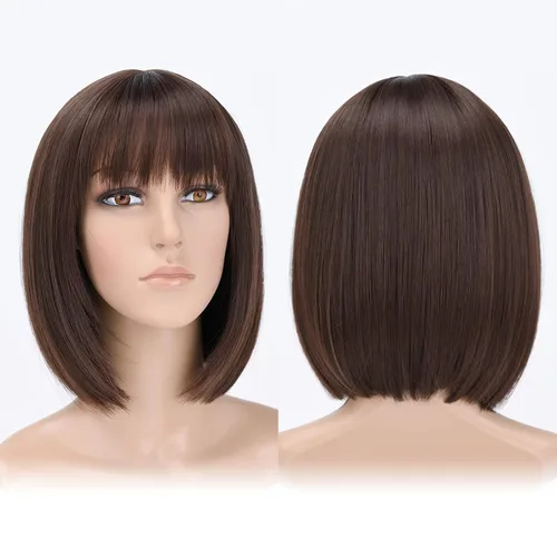Vista 24 de Pelucas Bob con flequillo, peluca de cabello castaño rojizo de 10 Caoba