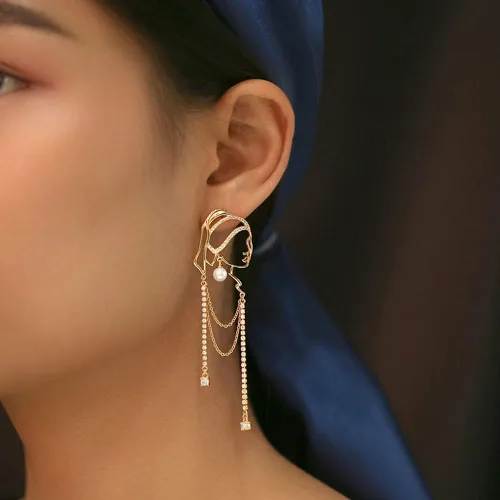Vista 5 de Pendientes de perlas con borlas para mujer, aspecto dorado de niña con perlas, diseño único de moda, Zinc, Perla