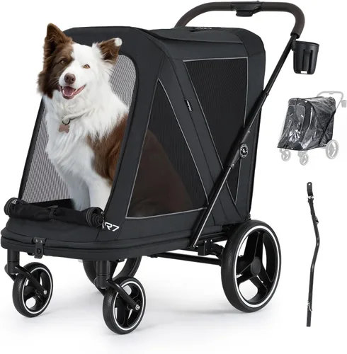 Vista 14 de Beberoad Cochecito para mascotas para perros medianos, cochecito plegable de un segundo, R7 todo terreno con neumáticos ER, malla de doble ventana