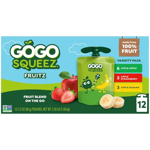 Vista 4 de GoGo squeeZ Puré de manzana y puré de frutas, manzana, fresa y plátano, 3.2 oz (paquete de 12), aperitivos de frutas sin azúcar para niños, sin