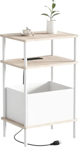 Vista 12 de Mesa auxiliar pequeña con estación de carga, mesa auxiliar para espacios pequeños, mesita de noche delgada con tomacorriente, sofá junto a la mesa