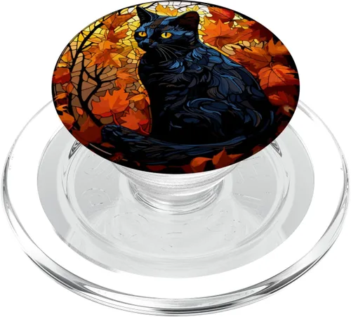 Vista 8 de Halloween Gato Negro Vidriera Otoño Hojas PopSockets Estándar PopGrip