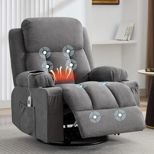 Vista 3 de Swivel Rocker Recliner Chair with Vibration Massage and Heat, Grey Fabric - 8 Massage Points, 2 Cup Holders, USB Port