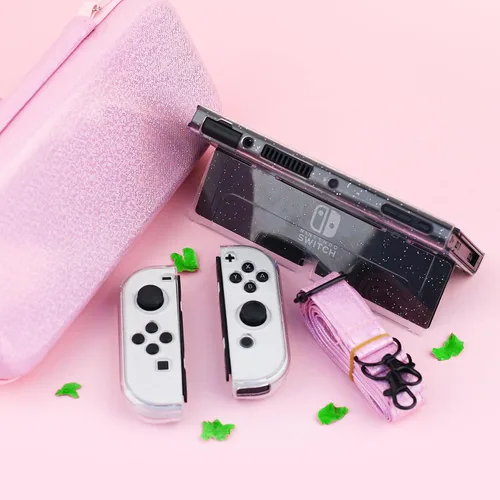 Vista 7 de GLDRAM Pink Travel Case for Nintendo Switch OLED & Accessories, Portable Carrying Case with Clear Glitter Dockable Switch OLED Protective Skin