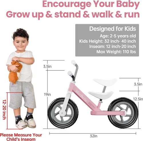 Vista 2 de MetBelle Toddler Balance Bike 1-3 Year Old,12" No Pedal Kids Indoor Outdoor Toy Bike 2-5 Years Old with Tool-Free Adjustments Seat, Lightweight
