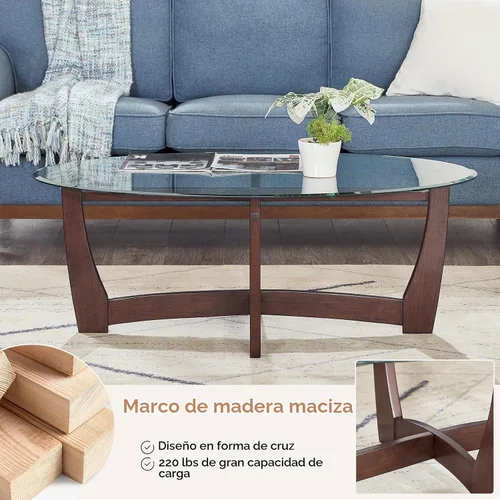 Vista 4 de Mesa de centro ovalada de vidrio de 48 pulgadas con cruz de vidrio templado y base de madera maciza, mesa central simple y moderna para sala