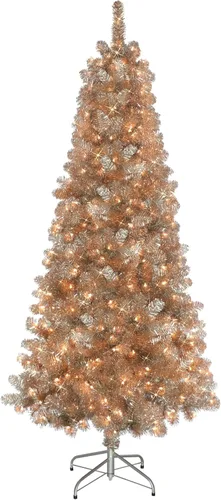 Vista 8 de Puleo International - Árbol de Navidad artificial preiluminado de 4.5 pies, color oro rosa, con 150 luces LED blancas cálidas