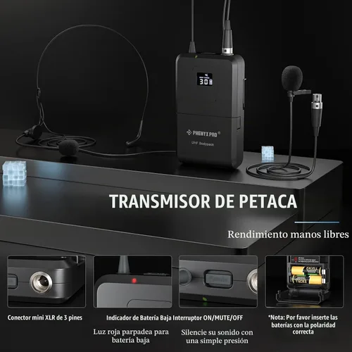 Vista 2 de Phenyx Pro Transmisor inalámbrico Bodypack, micrófono UHF Bodypack para PTU-71/PTU-7000/PTU-6000, con frecuencias seleccionables, función